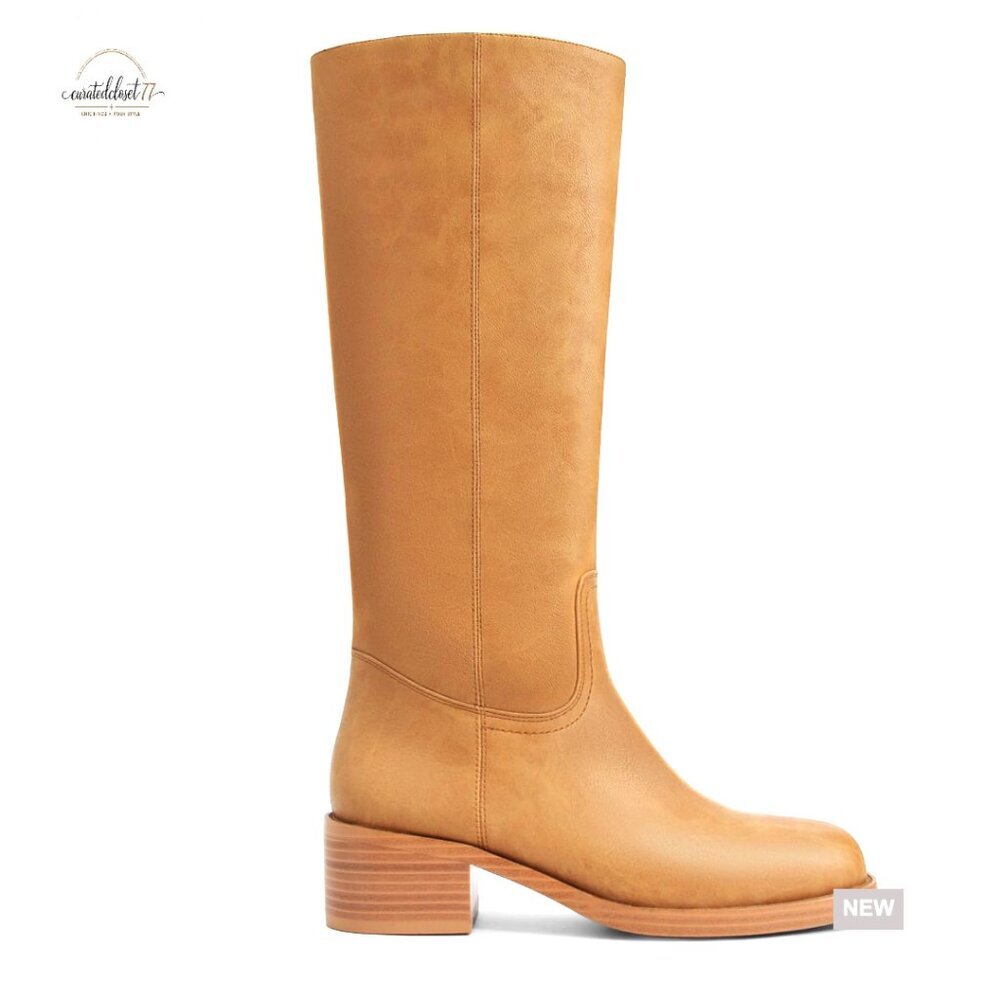 Knee High Motorcycle Boots Square Toe Chunky Heel Pull On Wide Calf